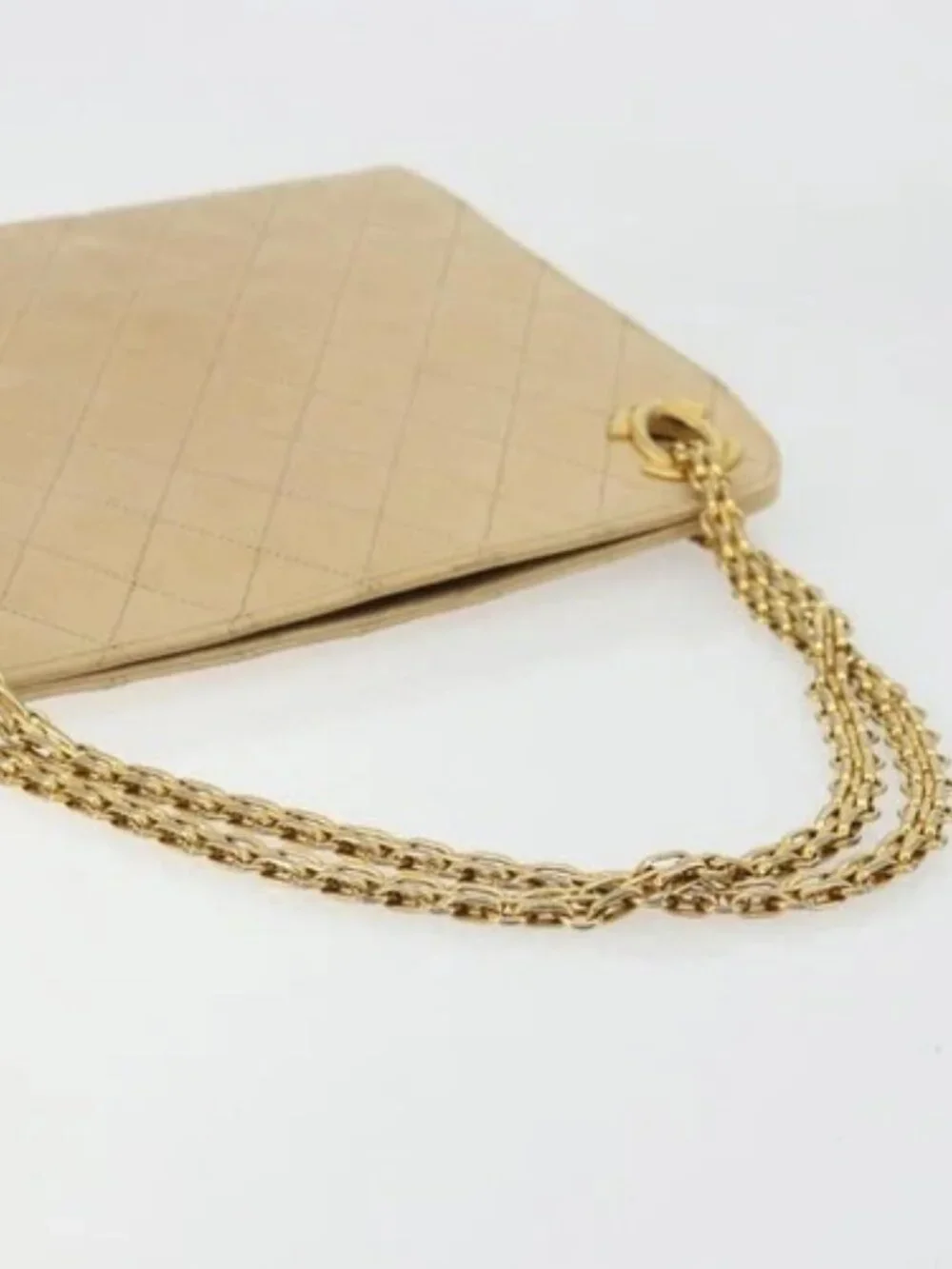 CHANEL Matelasse Chain Shoulder Bag Lamb Skin Beige Gold CC Auth 176218